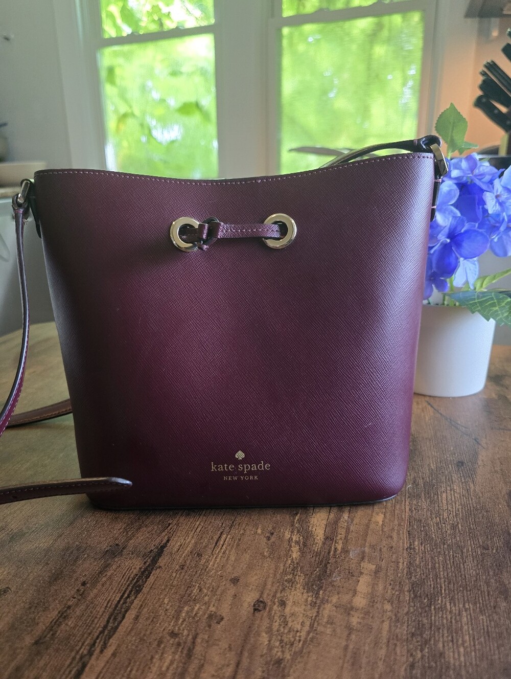 Kate Spade plum Saffiano Leather Bucket Crossbody